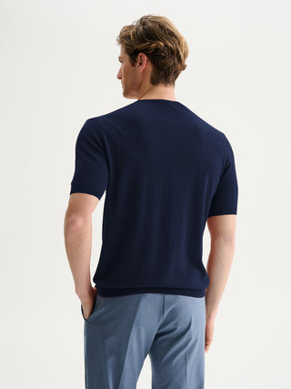 MAGLIA GIROCOLLO A MANICHE CORTE IN COTONE CREPE - BLU