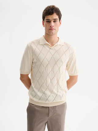 POLO IN MAGLIA IN COTONE CREPE CON COLLO DERBY E LAVORAZIONE A ROMBI SUL DAVANTI - AVORIO