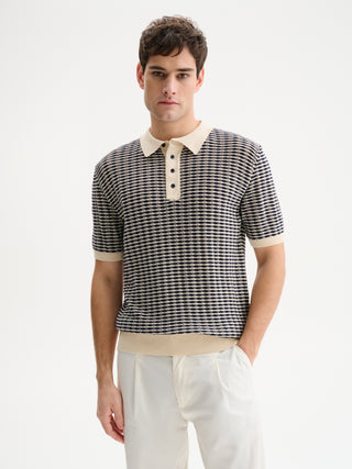 POLO IN MAGLIA A MANICHE CORTE IN COTONE CREPE CON RIGHE OPERATE - VAR. AVORIO