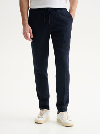 PANTALONI JOGGER REGULAR FIT CON COULISSE IN LINO E VISCOSA - BLU