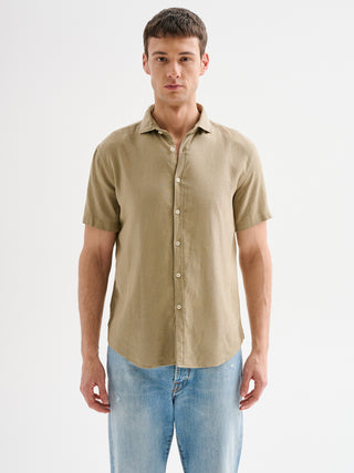 Camicia Uomo in Lino Maniche Corte Verde QB24