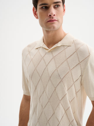 POLO IN MAGLIA IN COTONE CREPE CON COLLO DERBY E LAVORAZIONE A ROMBI SUL DAVANTI - AVORIO