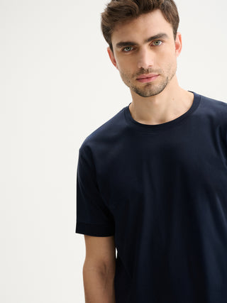 T-SHIRT GIROCOLLO REGULAR FIT A MANICHE CORTE IN COTONE E MODAL - BLU