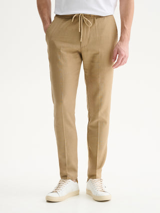 PANTALONI JOGGER REGULAR FIT CON COULISSE IN LINO E VISCOSA - SABBIA
