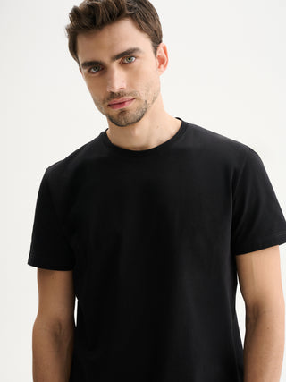 T-SHIRT GIROCOLLO A MANICHE CORTE IN JERSEY BIELASTICO - NERO