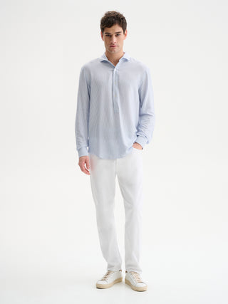CAMICIA A POLO CON RIGHE EFFETTO SEERSUCKER E COLLO ALLA FRANCESE - VAR. AZZURRO