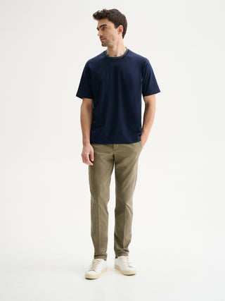 T-SHIRT GIROCOLLO A MANICHE CORTE COMFORT FIT IN COTONE E MODAL CON COLLO A RIGHE - BLU