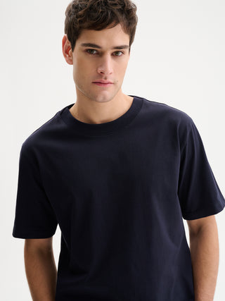 T-SHIRT GIROCOLLO BOXY FIT A MANICHE CORTE IN COTONE 210 GR - BLU