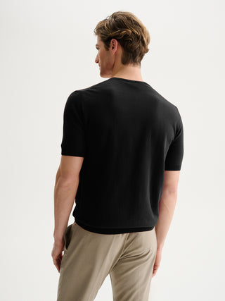 MAGLIA GIROCOLLO A MANICHE CORTE IN COTONE CREPE - NERO