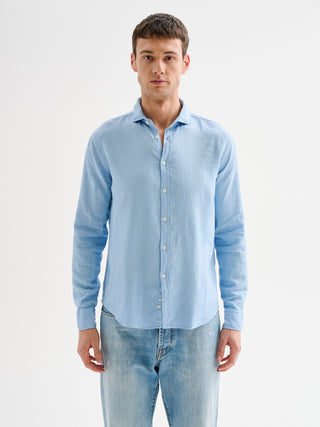 Camicia Uomo in Lino Collo alla Francese Azzurra QB24