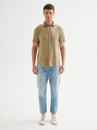 Camicia Uomo in Lino Maniche Corte Verde QB24
