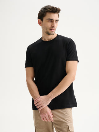 T-SHIRT GIROCOLLO A MANICHE CORTE IN JERSEY BIELASTICO - NERO