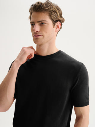 MAGLIA GIROCOLLO A MANICHE CORTE IN COTONE CREPE - NERO