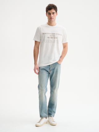 T-SHIRT GIROCOLLO A MANICHE CORTE CON STAMPA E RICAMO - BIANCO