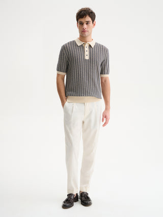 POLO IN MAGLIA A MANICHE CORTE IN COTONE CREPE CON RIGHE OPERATE - VAR. AVORIO