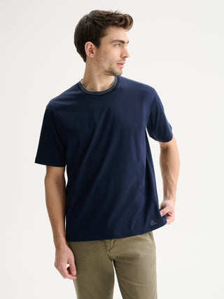 T-SHIRT GIROCOLLO A MANICHE CORTE COMFORT FIT IN COTONE E MODAL CON COLLO A RIGHE - BLU