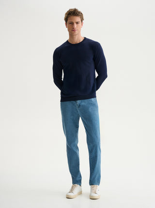 MAGLIA GIROCOLLO BASIC IN COTONE CREPE - BLU