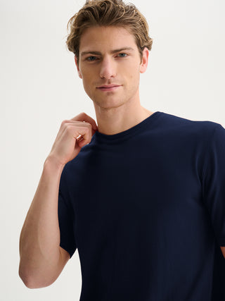 MAGLIA GIROCOLLO A MANICHE CORTE IN COTONE CREPE - BLU