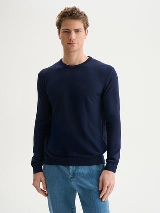 MAGLIA GIROCOLLO BASIC IN COTONE CREPE - BLU