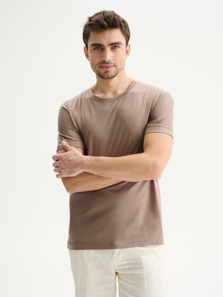 T-SHIRT GIROCOLLO REGULAR FIT A MANICHE CORTE IN COTONE E MODAL - FANGO