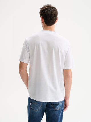 T-SHIRT GIROCOLLO A MANICHE CORTE COMFORT FIT IN COTONE E MODAL CON COLLO A RIGHE - BIANCO
