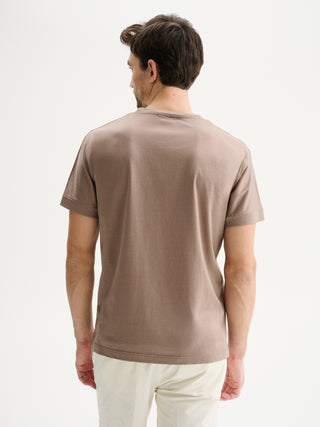 T-SHIRT GIROCOLLO REGULAR FIT A MANICHE CORTE IN COTONE E MODAL - FANGO