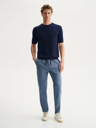 MAGLIA GIROCOLLO A MANICHE CORTE IN COTONE CREPE - BLU