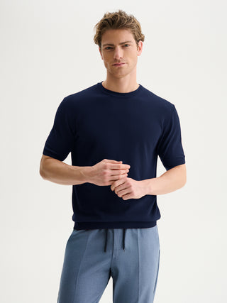 MAGLIA GIROCOLLO A MANICHE CORTE IN COTONE CREPE - BLU