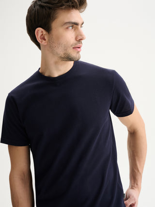 T-SHIRT GIROCOLLO A MANICHE CORTE IN PIQUET DI COTONE - BLU